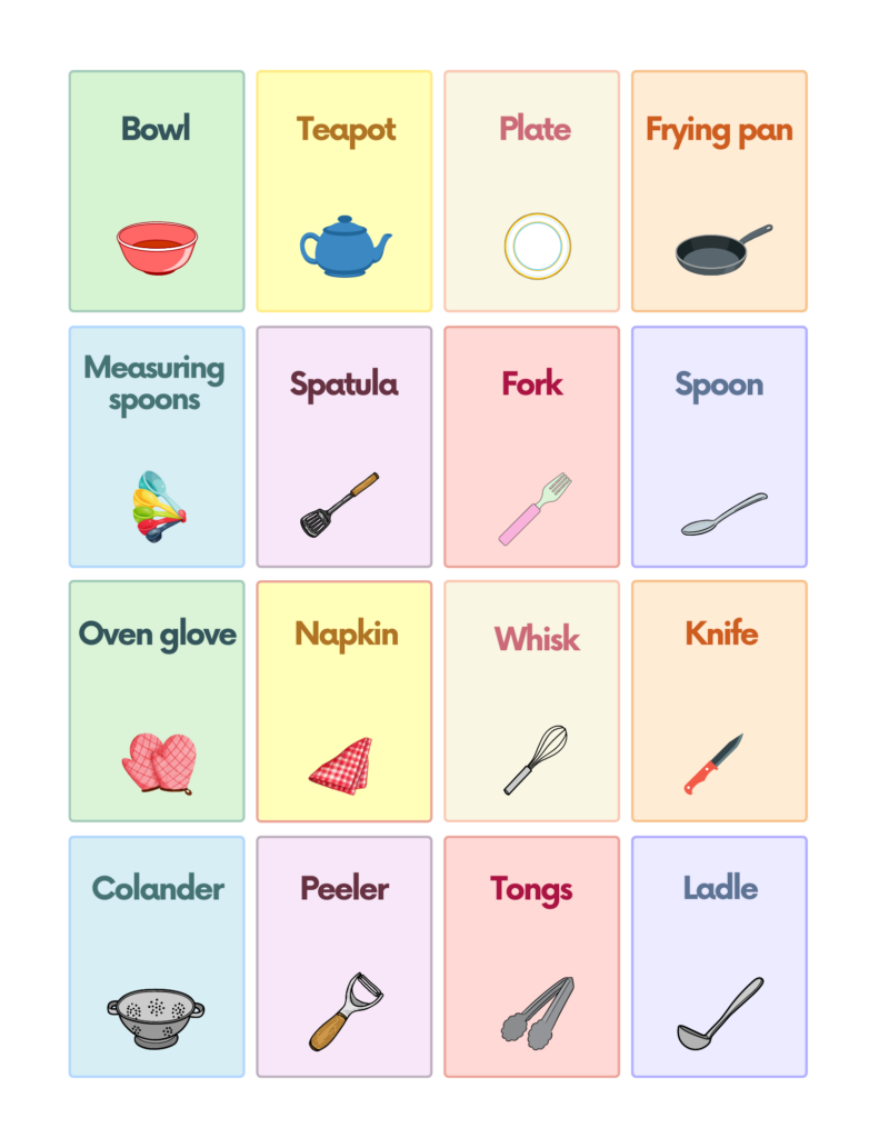 Free Kitchen Utensils Flashcards for Autism and Speech Therapy