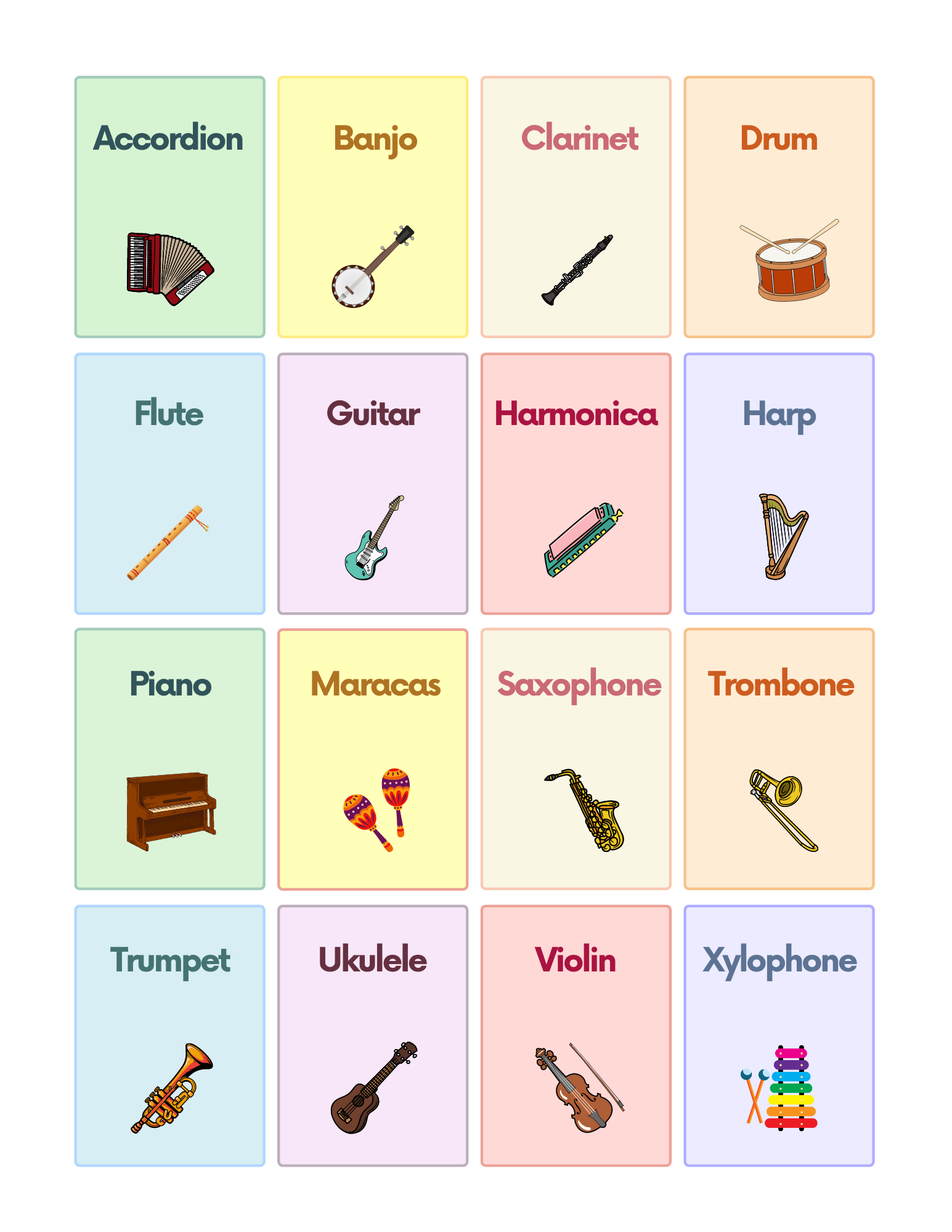 Free Musical Instrument Flashcards for Autism and Speech Therapy